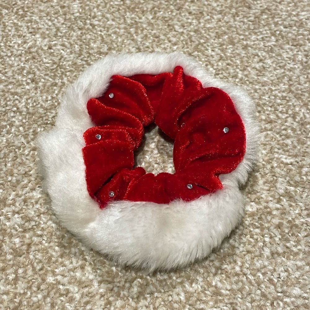 Red & White Santa Claus / Mrs. Claus Velvet Fur Trim Scrunchie With Rhinestones